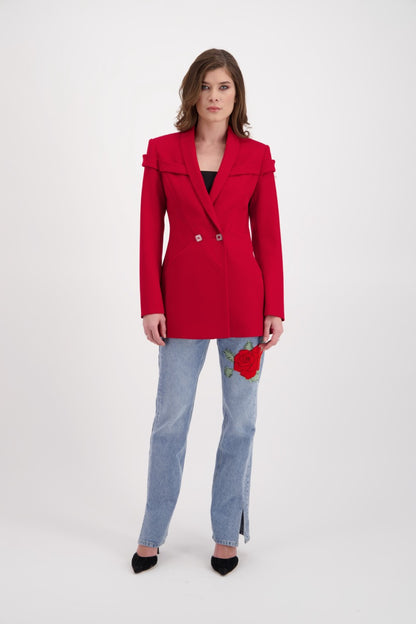 Veste de tailleur SADEONE Couture rouge made in Paris et jeans customs by Naiye KOCAK