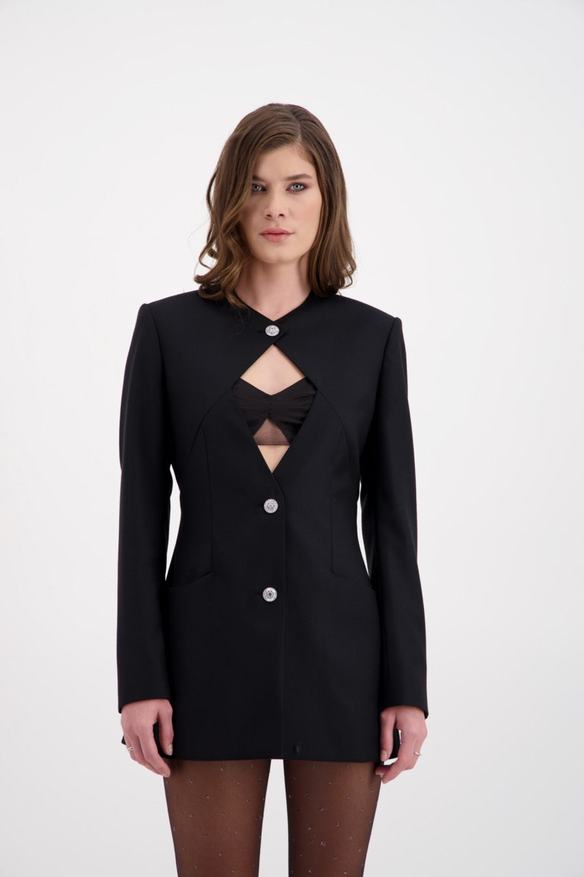 Veste noir Janis vue trois quart Sadeone Couture
