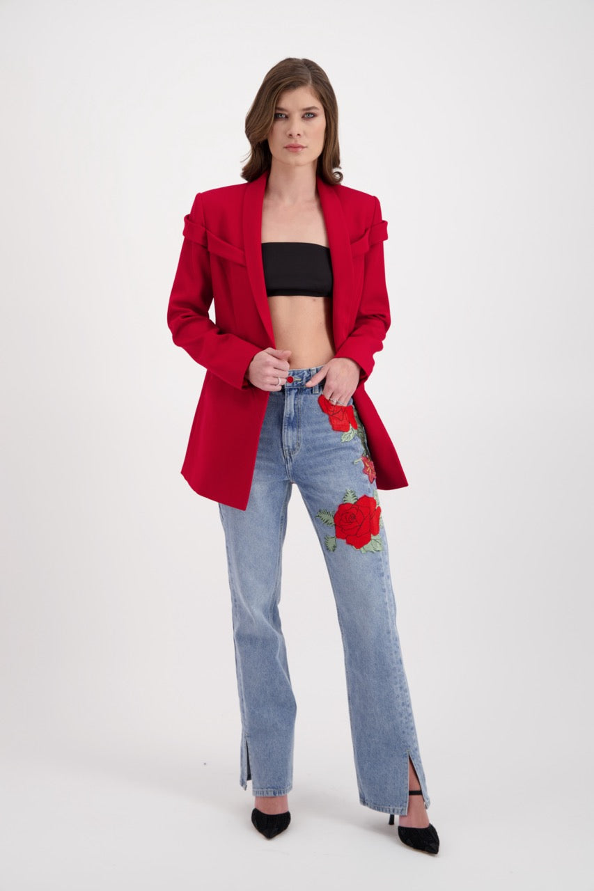 Veste de tailleur SADEONE Couture rouge made in Paris et jeans customs by Naiye KOCAK