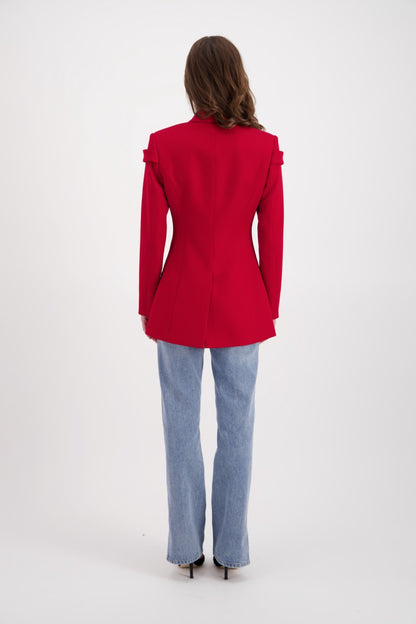 Veste de tailleur SADEONE Couture rouge made in Paris et jeans customs by Naiye KOCAK